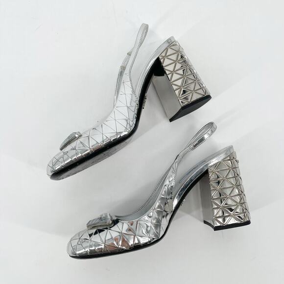 Prada Geometric Silver Metallic Logo Triangle Slingback Pumps In Argento IT 38 - Picture 4 of 13